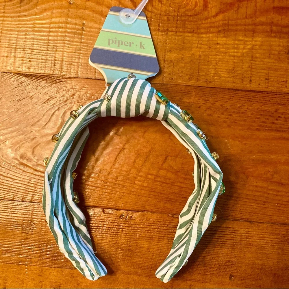 NEW Piper K Striped Knotted Headband with Goldtone, Green and Clear Rhinestones